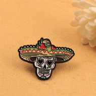 Stylish Enamel Brooch of a Sombrero - wearing Skull, Ideal for Collectors of Unique and Cultural - t