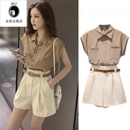 【Ready stock】夏新款 襯衫 上衣女韓版 ins 潮 Set women's new sleeveless blouse tops shorts -piece set 单件/套装女夏新款衬衫