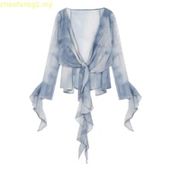 (Trendy)  Glamorous Blouse Tie Dye Contrast Mesh Front Frill Blouse for Women L106AD939
