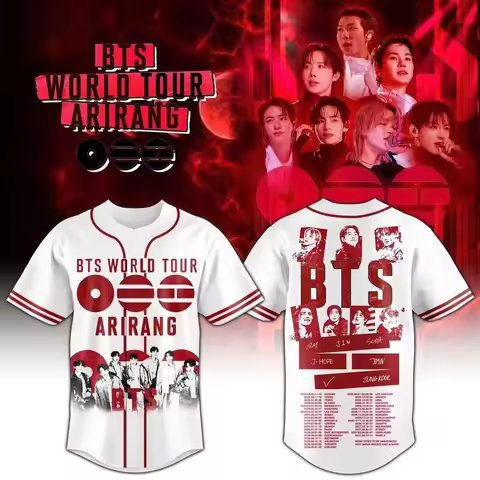 2026 Summer BTS World Tour Baseball Style Jersey Character Poster Print Color‑Rib Short Sleeve Top U