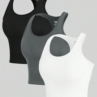 3 Piece Yoga Vest Women Gym Sports Racerback Crop Tops Seamless Streetwear Rib Knit Workout Breathab