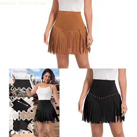 E56F Fashion Cowgirl Mini Skirt High Waist Fringe Detail Polyester Festival Clothes