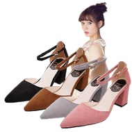 IB4 Ready Stock ! 2020 NEW Women's shoes Thick and suede word buckle pointed high heels