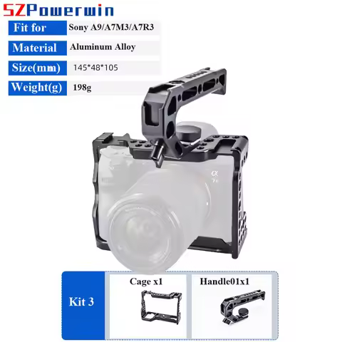 Camera Cage for Sony A7III A7RIII A9, SZPowerwin Aluminum Alloy Rig with Wooden Handle & ARRI Locati
