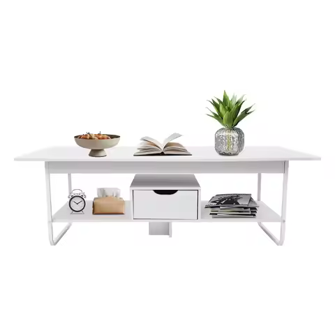 Modern Coffee Table 120x60cm, 2 Tier Tea Table 28.2lbs White with Drawer for Living Room Office