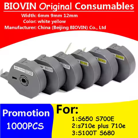 2PCS Tape Label LS-09W 6mm 9mm 12mmx8m White Yellow Sticker For BIOVIN Tube Printer S650 S700E PLUS 
