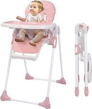 Baby High Chair, Foldable Highchair with Adjustable Backrest, Double Removable Tray, Detachable PU Leather Cushion, 5-Point Harness Convertible High Chair for Babies and Toddlers, Pink