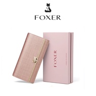 FOXER Cowhide Long Wallet 3-Fold Credit Card Holder Coin Purse Clutch Bag Women's Wallet