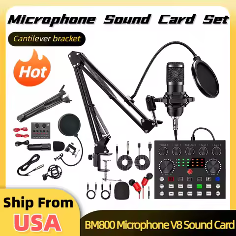Podcast Equipment with BM800 Microphone and V8 Sound Card Podcast Microphone Bundle for Recording Br