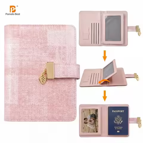 Women PU Leather Pink Plaid RFID Blocking Passport Holder Anti Theft Travel Document Wallet Card Slo