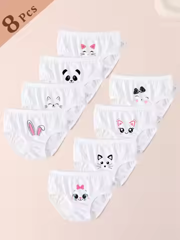 8PCS Set Children Girls Briefs Cute Cartoon Cat Panda Rabbit Print Underwear Soft Stretchy Breathabl