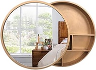 Bathroom Mirror Cabinet Solid Wood Bathroom Mirror Mirror with Shelf Round Bathroom Mirror Wall-Mounted Mirror Cabinet (Black 50cm) (Gold 50cm)