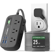 25 FT Flat Extension Cord, Power Strip with Surge Protection- 6 Widely Outlets 4 USB Ports, Flat Plu
