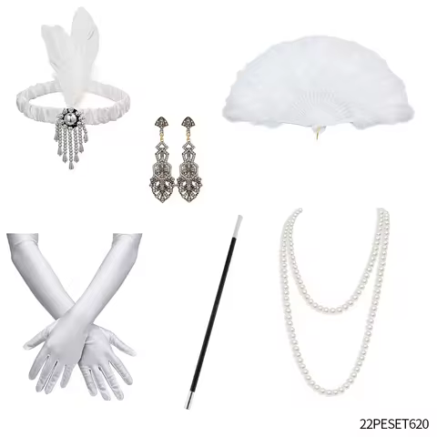 PESENAR White 1920s Costume and Accessories Set, Suitable for 1920s Themed Party and Cosplay