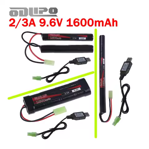 2/3A 9.6V Ni-MH Airsoft Gun Battery 9.6V 1600mAh with Mini Tamiya Connector and USB Charger for AK47