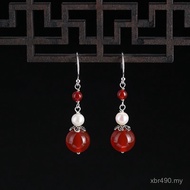 Female Red Agate Earrings Unique Plain diy Small Pearl s925 Silver New Style Classy Ear Jewelry Eigh