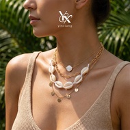YX Layered Shell Disc Chain Necklace 4Pcs Set Adjustable Stackable Y2K Boho Beach Jewelry Vacation R