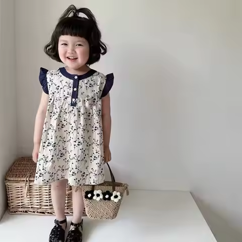 Girls summer floral dress 2024 new summer baby cotton halter dress children sleeveless undershirt sk