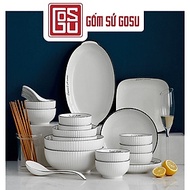 Bộ Bát Đĩa Sứ Gosu Màu Trắng Viền Đen Chất Liệu Gốm Sứ Cao Cấp Sáng Mịn Đẹp