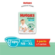 [Bundle of 4] HUGGIES AirSoft Tape NB68/S58/M52/L44/XL38 - Breathable and Soft Premium Diapers for B