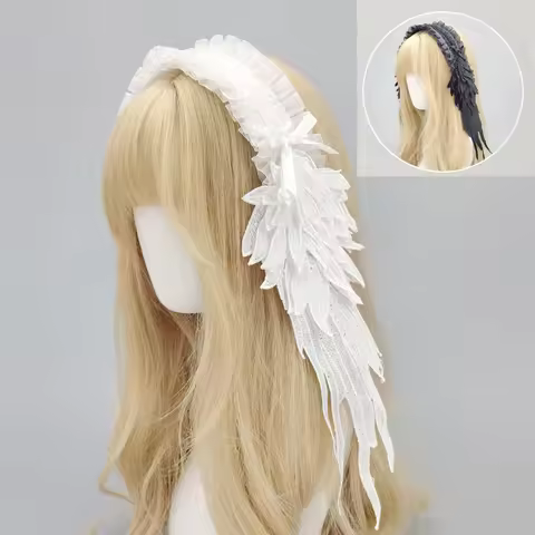 Gothic Lolita Hair Accessory Angel Wing Lace Headpiece Black White Lolita Wing Hair Band Cosplay Hal