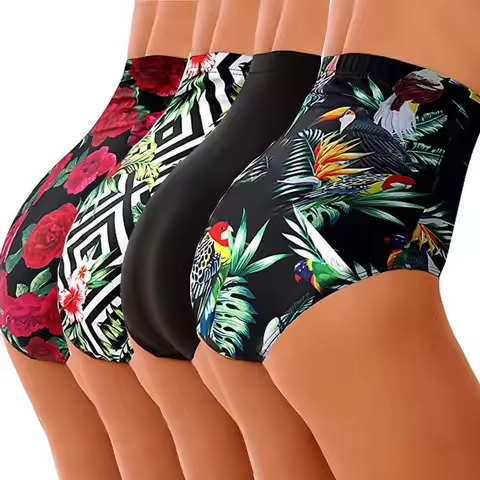Women Bikini Shorts Swimwear High Waist Beach Swim Shorts Floral Solid Color Swimsuits Bottoms Tanki