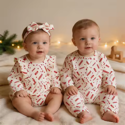 Christmas Sibling Matching Baby Outfit Waffle Cotton Candy Cane Romper Girls Ruffle Bodysuit & Boys 