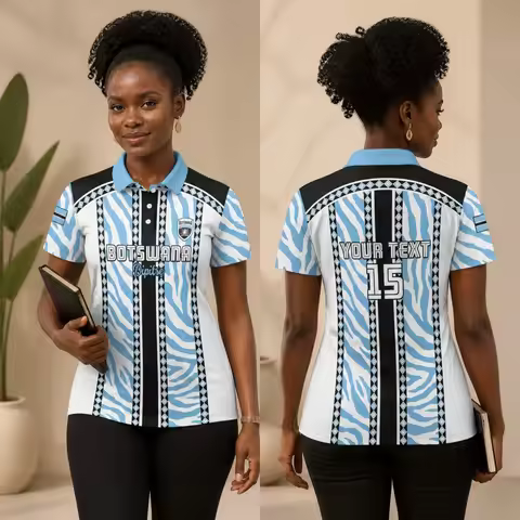 Botswana Women Polo Shirt T Shirt Blue White Flag Stripe Zebra Print Short Sleeve Lapel Collar Sport