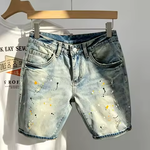 Men Summer Baggy Stretchy Denim Shorts Jeans for Men Streetwear Ripped Knee Length Baggy Comfort Car