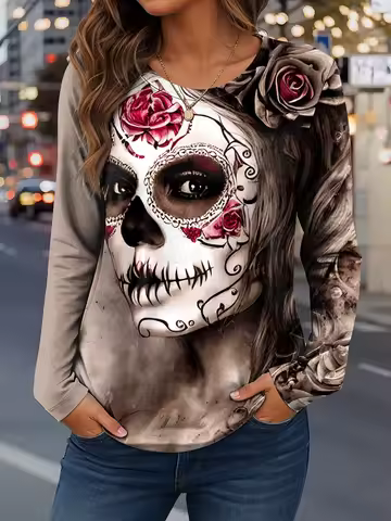 Japanese Sugar Skull 3d Print Long Sleeve T-shirt Women Fashion Casual Oversized Tshirt Day the Dead