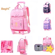 ⭐Beg galas pelajar School Bag Trolley Sekolah Roda Beroda Perempuan 6 Wheel Troli Prescool Primary Kanak Staircase Girl Side Open Door Waterproof Kindergarten Kids Satchel Toddler Backpack Wheeled Resist Climbing Removable HJ462