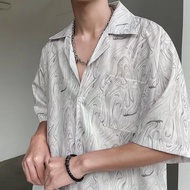 Suikone เสื้อฤดูร้อนคอปกสไตล์คิวบามัดย้อมปลายสุดของผู้ชายเทรนด์หลวมสไตล์ฮาวายแขนสั้นเสื้อเชิ๊ตลายดอกไม้