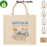 Jute Sedge Box Canvas Bag with Linen Color Mixed Handle with Zipper Truong Gia Canvas Bag Vietnam Co
