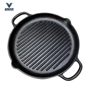 32cm Cast Iron Non-Stick Grill Plate Double Handle Ribbed Round Grill Pan Skillet Steak Pancake Roas