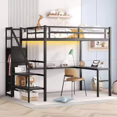 Loft Bed Full Size with Desk and Wardrobe, Loft Bed with Storage Stairs and Wardrobe, Loft Bed Full 