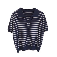 [ส่งเร็วพิเศษ!] Hello Yim เสื้อยืดคอปกแขนสั้น อกร่อง ลายทางสีทูโทน แฟชั่นสายเกา NO.81018
