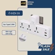 Ổ Cắm Điện Vuông Tháp Sạc Nhanh USB TypeC 20W Có Dèn Ngủ Cầu Chì Tự Ngắt 2500W Tiết Diện Lõi Đồng