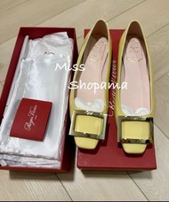 全新 Roger Vivier Trompette Ballerinas in patent leather 黃色拼金色方扣平底鞋(Size 37)