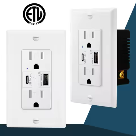 2PK 4.2/5.8A 110V Dual USB Port Type C Wall Socket with LED Indicator Charger AC Power Receptacle Ta