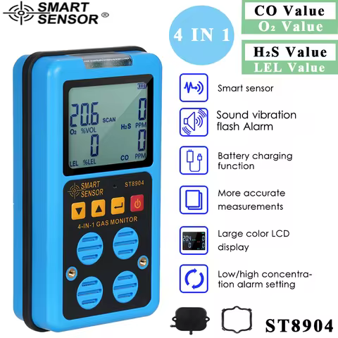 Digital 4 in 1 Gas Detector Oxygen O2 Hydrogen Sulfide H2S Carbon Monoxide CO Combustible Gas LEL Ga