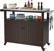 GDLF Outdoor Storage Cabinet Solid Wood Prep Grill Table with Stainless Steel Top Waterproof Cover Dark Brown