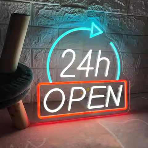24H OPEN Neon Sign LED Light for Store Shop Window Cafe Bar Business Advertising 24 Hours Open Sign 