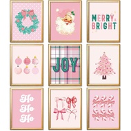 Pink Christmas Wall Art Prints Santa Xmas Tree Posters Merry Bright Paper Wall Arts for Living Room 