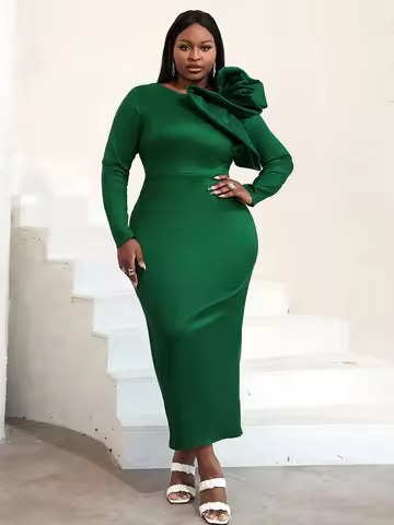 AOMEI Christmas Women Green Party Long Dress Elegant Long Sleeve Ruffle Shiny Slim Evening Cocktail 