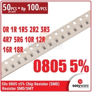 [50 PCS] Resistor 0805 0R 1R 1R5 2R2 3R3 4R7 5R6 10R 12R 16R 18R Chip Resistor SMD 0805 5% 1 Ohm 1.5