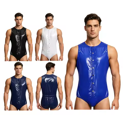 Mens Waterproof Glossy PVC Buttoned Swimwear One Piece Front Button Side Zippers Leotard Swimsuit Le