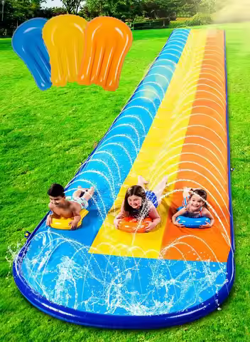 Triple Lane Water Slide with 3 Body Boards, 22.5FT Backyard Splash Pad for Summer Fun