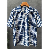 L2615Ready Stock Men Oversized Blue White Striped Tie Dye Cuban Collar Short Sleeve Casual Shirt