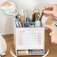 TINGTIAN Desk Calendar Pen Holder 360 ° Rotary Large Capacity Desktop Stationery Organizer Durable Multi-Function Pencil Storage Box School