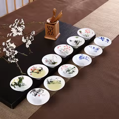 Blue and White Porcelain Hand-painted Hat Kungfu Teacup Ceramic Pu'er Black Tea Plum Orchid Bamboo M